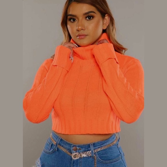 Down To Earth Rust Orange Cropped Cable Knit Turtleneck Sweater |  islamiyyat.com